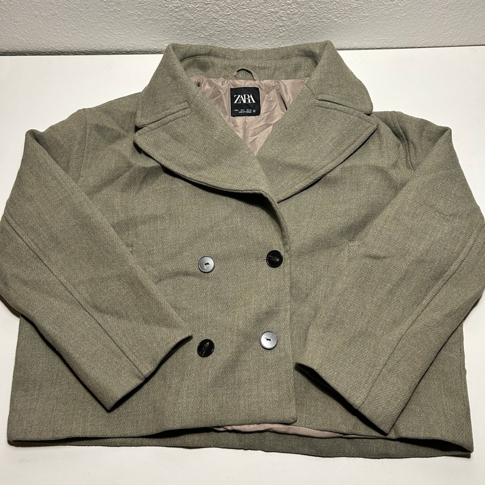 Zara Womens Double Breasted Cropped Pea Coat Olive Green Khaki Size Large